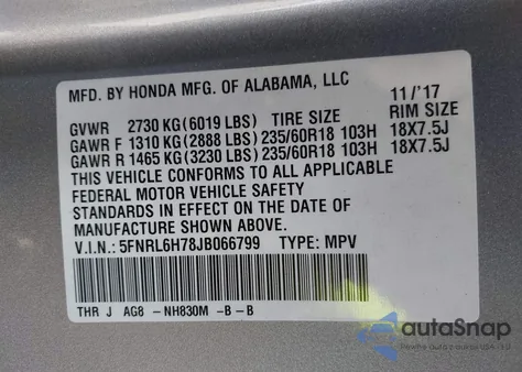 2018 Honda Odyssey Ex-L z USA, uszkodzony, nr VIN 5FNRL6H78JB066799